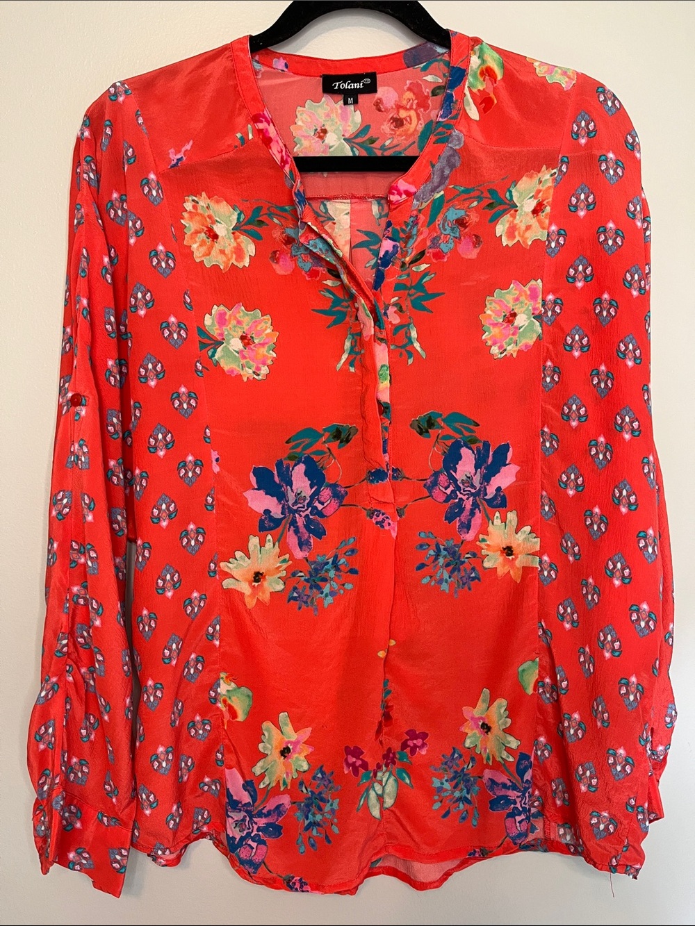 Tolani 100% Silk Coral Floral Long-Sleeve V-Neck Blouse with adjustable cuffs